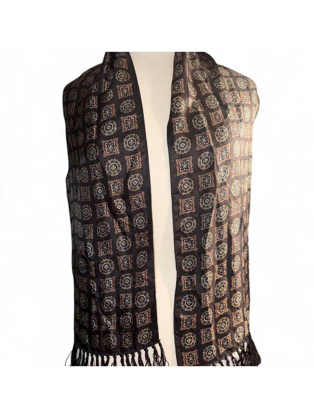 Vintage Echo 100% Silk Foulard Medallion Fringe Scarf Made in Japan